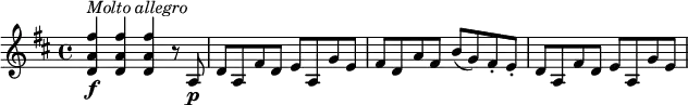 
\relative c' {
  \version "2.18.2"
  \key d \major
  <d a' fis'>4\f^\markup { \italic { Molto allegro} } q q r8 a\p |
  d8 a fis' d e a, g' e |
  fis8 d a' fis b( g) fis-. e-. |
  d8 a fis' d e a, g' e |
}
