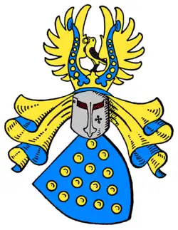 Bülow'sches Stammwappen: 14&nbsp;Kugeln in Gold im Schild und der Helmzier