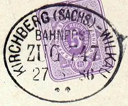 Bahnpoststempel Kirchberg (Sachs)–Wilkau vom 27. Mai 1886