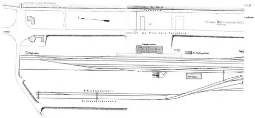 Lageplan des Bahnhofs mit seinem Umfeld, 1870