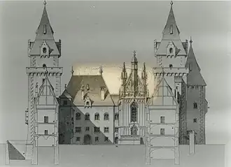 Aufriß des Schweizerhofs zur Zeit Ferdinands&nbsp;I.: Romanischer Palas der Babenberger (13.&nbsp;Jh.), gotische Kapelle und gotisch aufgestockte Wehrtürme (14.&nbsp;Jh.)