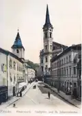 Der Rindermarkt um 1900; St. Paul mit hohem Spitzhelm.