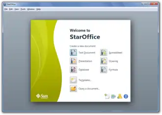 Bildschirmausdruck der StarOffice-Version 9.1.0 unter Windows&nbsp;7 (englische Version, Startbildschirm)