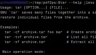 Screenshot der Hilfeanzeige von GNU tar