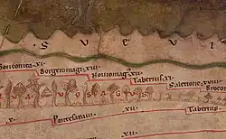 Noviomagus auf der Tabula Peutingeriana zwischen Borbetomagus und Tabernae