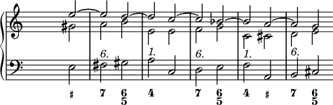 \new PianoStaff <<
<< % wegen Generalbass
\new Staff <<
\set Score.tempoHideNote = ##t
\tempo 4 = 160
\override Staff.TimeSignature.transparent = ##t
<<
\new Voice = "first"
\relative c''
{ \voiceOne s2 e ~ e d ~ d c ~ c bes ~ bes a ~ a g \bar "" }
\new Voice = "second"
\relative c'
{ \voiceTwo s2 gis' a b e, e f g c, cis d e }
>>
>>
\new Staff <<
\override Staff.TimeSignature.transparent = ##t
\clef "bass"
\relative c { s e fis^\markup { \italic "6." } gis a^\markup { \italic "1." } c, d^\markup { \italic "6." } e f^\markup { \italic "1." } a, b^\markup { \italic "6." } cis }
>>
>>
\new FiguredBass {
\figuremode { <_>2 <_+> <7> <6 5> <4> <_> <7> <6 5> <4> <_+> <7> <6 5> }
}
>> % wegen Generalbass