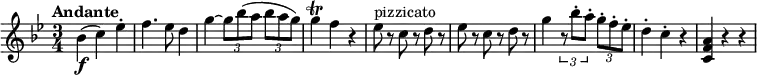 
\relative c' { 
   \version "2.18.2"
   \clef "treble" 
   \tempo "Andante" 
   \key bes  \major
   \time 3/4
     bes'4 \f (c) ees -.
     f4. ees8 d4
     g4~ \tuplet 3/2 {g8 bes (a} \tuplet 3/2 {bes a g)} 
     g4 \trill f r4
     ees8^\markup { pizzicato } r8 c r8 d r8 
     ees r8 c r8 d r8
     g4 \tuplet 3/2 {r8 bes-. a-.} \tuplet 3/2 {g-. f-. ees-.} 
     d4-. c-. r4
     <c, f a> r4 r4
}
