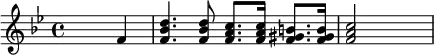 {\key bes \major \skip2. f'4 <f' bes' d''>4. <f' bes' d''>8 <f' a' c''>8. <f' a' c''>16 <f' gis' b'>8. <f' gis' b'>16 <f' a' c''>2 \skip2}