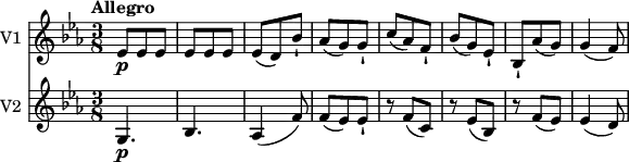<<
\new Staff \with { instrumentName = #"V1 "}
\relative c'' {
\version "2.18.2"
\key ees \major
\tempo "Allegro"
\time 3/8
\tempo 4 = 120
ees,8\p ees ees
ees ees ees
ees (d) bes'-!
aes8 (g) g-!
c8 (aes) f-! bes (g) ees-!
bes-! aes' (g) g4 (f8)
}
\new Staff \with { instrumentName = #"V2 "}
\relative c'' {
\key ees \major
\time 3/8
g,4.\p bes aes4 (f'8)
f (ees) ees-!
r8 f (c)
r8 ees (bes)
r8 f' (ees)
ees4 (d8)
}
>>