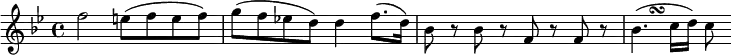 \relative c' {
\key bes \major
f'2 e8( f8 e8 f8) |
g8( f8 ees!8 d8) d4 f8.( d16) |
bes8 r8 bes8 r8 f8 r8 f8 r8 |
<< { bes4. (c16 } { s4 s8\turn } >> d16) c8
}
