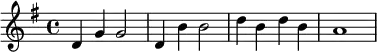 {\set Staff.midiInstrument = #"celesta" \key g \major d' g' g'2 d'4 b'4 b'2 d''4 b'4 d''4 b'4 a'1}