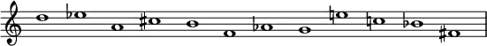 {
\set Score.tempoHideNote = ##t
\tempo 1 = 72
\omit Staff.TimeSignature
\time 12/1 d''1 ees'' a' cis'' b' f' aes' g' e'' c'' bes' fis'
}