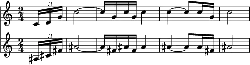 
<<
  \relative c' {
    \key c \major
    \time 2/4
    \partial 8
    \times 2/3 {c16 d g} | c2 ~ | c16 g c g c4 | c ~ c8 c16 g | c2 
  }
  \relative a {
    \key c \major
    \time 2/4
    \partial 8
    \times 2/3 {ais16 cis fis} | ais2 ~ | ais16 fis ais fis ais4 | ais ~ ais8 ais16 fis | ais2 
  }
>>
