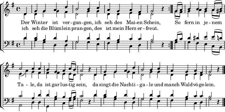 \language "deutsch"
\header { tagline = ##f }
\layout { indent = 0 \context { \Score \remove "Bar_number_engraver" } }
global = { \key g \major \time 4/4 \partial 4 }
soprano = \new Voice = "soprano" \relative c' { \global \voiceOne \set midiInstrument = "soprano sax"
\repeat volta 2 { d4 | g g a d | h2 h4 c | a g a fis | g2 r4 }
g8 (a) | h4 h h a8 (h) | c2 c4 c | h g a c8 (h) | a2 r4
d,4 | g g a d | h2 h4 c | a g a fis | g2 r4 \bar "|."
}
alto = \relative c' { \global \voiceTwo \set midiInstrument = "alto sax"
\repeat volta 2 { d4 | d g g fis | d2 g4 g | d d e d | d2 r4 }
g8 (fis) | g4 a g a8 (gis) | e4 (a) g fis | fis fis e e8 (d) | d2 r4
d4 | d g g fis | d2 g4 g | d d e d | d2 r4 \bar "|."
}
tenor = \relative c' { \global \voiceThree \set midiInstrument = "tenor sax"
\repeat volta 2 { d4 | d h d a | g2 d'4 c | d h c c | h2 r4 }
h8 (c) | d4 dis e e8 (d) | c2 a4 d |d h h a8 (h) | c2 r4
d4 | d h d a | g2 d'4 c | d h c c | h2 r4 \bar "|."
}
bass = \relative c { \global \voiceFour \set midiInstrument = "baritone sax"
\repeat volta 2 { d'4 | h g d d | g2 g4 e | fis g c, d | g2 r4 }
g4 | g fis e c8 (h) | a2 d4 d |g, g' c, fis8 (g) |fis2 r4
d'4 | h g d d | g2 g4 e | fis g c, d | g2 r4 \bar "|."
}
verse = \new Lyrics = "firstLine" \lyricsto "soprano" {
<< { Der Win -- ter ist ver -- gan -- gen,
ich seh des Mai -- en Schein, }
\new Lyrics = "secondLine" \with { alignBelowContext = "firstLine" } { \set associatedVoice = "soprano"
ich seh die Blüm -- lein pran -- gen,
des ist mein Herz er -- freut. }
>>
So fern in je -- nem Ta -- le,
da ist gar lus -- tig sein,
da singt die Nach -- ti -- ga -- le
und manch Wald -- vö -- ge -- lein.
}
\score {
\new ChoirStaff <<
\new Staff \with { \consists "Merge_rests_engraver" }
<<
\soprano \alto
\context Lyrics { \lyricsto "soprano" \verse }
>>
\new Staff \with { \consists "Merge_rests_engraver" }
<<
\clef bass \tenor \bass
>>
>>
\layout { }
}
\score { \unfoldRepeats { << \soprano \\ \alto \\ \tenor \\ \bass >> }
\midi { \tempo 4=128
\context { \Score midiChannelMapping = #'instrument }
\context { \Staff \remove "Staff_performer" }
\context { \Voice \consists "Staff_performer" }
}
}
