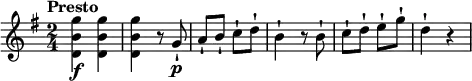 \relative c'' {
\version "2.18.2"
\key g \major
\time 2/4
\tempo "Presto"
\tempo 4 = 130
<d, b' g'>4\f <d b' g'>
<d b' g'> r8 g\p-!
a-! b-! c-! d-!
b4-! r8 b8-!
c-! d-! e-! g-!
d4-! r
}