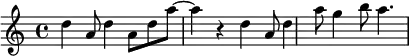 {\set Staff.midiInstrument = #"oboe" d''4 a'8 d''4 a'8 d'' a''8 ~ a''4 r4 d''4 a'8 d''4 a''8 g''4 b''8 a''4.}