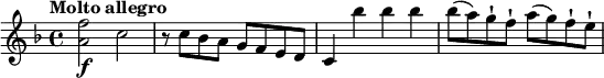 \relative c''{
\version "2.18.2"
\key f \major
\tempo "Molto allegro"
\time 4/4
\tempo 4 = 140
<a f'>2\f c
r8 c bes a g f e d
c4 bes'' bes bes
bes8 (a) g-! f-! a (g) f-! e-!
}