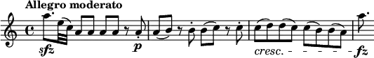 \relative c''' {
\key a \minor
\tempo "Allegro moderato"
a8.\sfz e32 (c) \repeat unfold 4 {a8} r8 a-.\p a (b) r b-. b (c) r c-. c\cresc (d) d (c) c (b) b (a) a'8.\fz
}