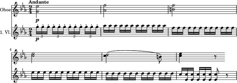 
<<
  \new Staff \with {
       instrumentName = #"Oboe"
     }
     \relative c'' {
         \version "2.18.2"
         \clef "treble"
         \tempo "Andante"
         \key ees \major
         \time 2/4
         \tempo 4 = 40
                 <g ees'>2\p <aes f'> <b f'>
                 <c ees>
 << {c4. (b8)} {d2}>>
 <c ees>4 r8
}
\new Staff \with {
         instrumentName = #"1. Vl." }
\relative c'' {
         \clef "treble"
         \tempo "Andante"
         \key ees \major
         \time 2/4
          \tuplet 3/2 {g'16-. \p g-. g-.} \repeat unfold 3 {\tuplet 3/2 {g16-. [g-. g-.]} }
          \repeat unfold 4 {\scaleDurations 2/3  {aes16 [aes aes]} }
          \repeat unfold 4 {\scaleDurations 2/3 { f16 [f f]}}
          \repeat unfold 4 {\scaleDurations 2/3  {ees16 [ees ees]} }
           \repeat unfold 4 {\scaleDurations 2/3  {d16 [d d]} }
          \scaleDurations 2/3  {c16 [<ees, c'> <ees c'>]}  \scaleDurations 2/3  {<ees c'> [<ees c'> <ees c'>]} <ees c'>8 r8
 }
>>
