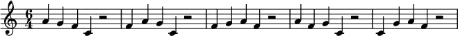 {\set Staff.midiInstrument = #"Tubular Bells" \time 6/4 a'4 g' f' c' r2 f'4 a' g' c' r2 f'4 g' a' f' r2 a'4 f' g' c' r2 c'4 g' a' f' r2}