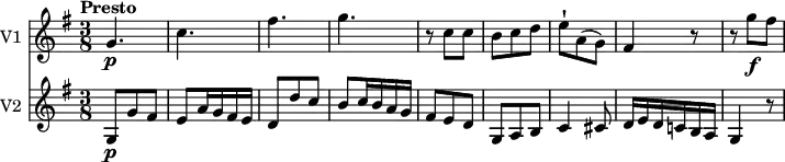 <<
\new Staff \with { instrumentName = #"V1 "}
\relative c'' {
\version "2.18.2"
\key g \major
\tempo "Presto"
\tempo 4 = 120
\time 3/8
g4.\p c fis g
r8 c, c
b c d
e-! a, (g)
fis4 r8
r8 g'\f fis
}
\new Staff \with { instrumentName = #"V2 "}
\relative c'' {
\key g \major
\time 3/8
g,8\p g' fis
e a16 g fis e
d8 d' c
b c16 b a g
fis8 e d
g, a b
c4 cis8
d16 e d c! b a
g4 r8
}
>>