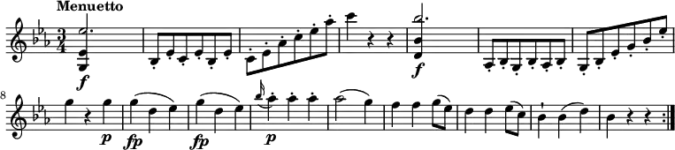 \version "2.14.2"
\relative c' {
\clef "treble"
\tempo "Menuetto"
\key ees \major
\time 3/4
\tempo 4 = 120
<<{<g ees'>4\f s2 } \\ { \stemUp ees''2.}>>
bes,8-. ees-. c-. ees-. bes-. ees-.
\stemDown c-. ees-. aes-. c-. ees-. aes-.
c4 r4 r4
<<{<d,, bes'>4\f s2 } \\ { \stemUp bes''2.}>>
\stemUp aes,,8-. bes-. g-. bes-. aes-. bes-.
g-. bes-. ees-. g-. bes-. ees-.
\stemDown g4 r4 g\p
g\fp (d es)
g\fp (d es)
\grace bes'16 (aes4)-.\p aes-. aes-.
aes2 (g4)
f f g8 (ees)
d4 d ees8 (c)
bes4-! bes (d)
bes r4 r4 \bar ":|."
}