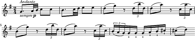 \relative c' {
\version "2.18.2"
\key g \major
\time 2/4
g'8.^\markup { \italic Andante }_\markup { \italic sempre \dynamic p } a32 b c8 c
b8. c32 d e8 e
d (g) r8 \tuplet 3/2 { d16 (b' d,) }
d8 (a') r8 \tuplet 3/2 { c,16 (a' c,) }
b8 (g') r8 \tuplet 3/2 { d16 (b' d,) }
d8 (a') r8 \tuplet 3/2 { c,16 (a' c,) }
\tuplet 3/2 { b (a g) } g-! g-! g-! a-! b-! cis-!
cis8 (d)
}