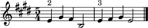  \relative c' {\set Staff.midiInstrument = #"tubular bells" \time 5/4  \key e \major e4^"2" gis fis b,2 | e4^"3"  fis gis e2\bar "|."|}