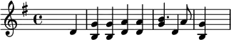 {\key g \major \skip2. d'4 <b g'> <b g'> <d' a'> <d' a'> << { b'4. a'8 } { g'4 d'4 } >> \bar "|" <g' b> \skip4}