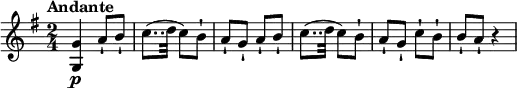 
\relative c'' {
  \version "2.18.2"
  \key g \major
  \time 2/4
  \tempo "Andante"
  < g, g'>4\p a'8-! b-! c8..
(d32 c8) b-! a-! g-! a-! b-! c8..
(d32 c8) b-! a-! g-! c-! b-! b-! a-! r4
}
