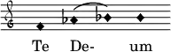 \relative c' { \clef "petrucci-g" \override Staff.TimeSignature #'stencil = ##f \set Score.timing = ##f \override Voice.NoteHead #'style = #'harmonic-black f1 as1( bes) bes } \addlyrics {Te De- um }