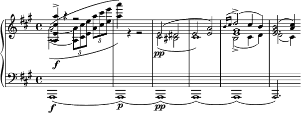 \language "deutsch"
\new PianoStaff <<
\new Staff = "r" <<
\clef "violin"
\key a \major
\new Voice {
\voiceOne
\relative {
< a e' cis' a' >4\f\accent r r2
s1
e'2( dis
e2 < e a >)
<< { \grace { h'16( cis } d2\accent )( cis4 h) } \\ gis1 e >>
<< e2. { <gis h>2( <a cis>4) } >>
}
}
\new Voice {
\voiceTwo
\relative {
<a~ a'~>2^(_( \tuplet 3/2 { <a a'>8 <cis cis'> <e e'> } \tuplet 3/2 { < a a'> <cis cis'> <e e'> }
<a a'>4)) r r2
cis,,2\pp( his
cis1)
h2\accent( cis4 d)
d2( cis4)
}
}
>>
\new Staff = "l" <<
\clef "bass"
\key a \major
\new Voice {
\relative { a,,1\f( a\p)( a\pp) ( a) ( a) ( a2.) }
}
>>
>>