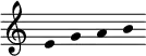 \language "deutsch"
\new Staff \with { \remove "Time_signature_engraver" \remove Bar_engraver }
\relative c' {
\set Score.tempoHideNote = ##t
\set Staff.midiInstrument = #"tubular bells"
\hide Stem
\tempo 4 = 45
e g a h
}