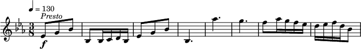 \relative c' {
\version "2.18.2"
\key es \major
\time 3/8
\tempo 4 = 130
es8\f^\markup { \italic Presto } g bes
bes, bes16 c d bes
es8 g bes
bes,4. aes''4. g
f8 aes16 g f ees d ees f d bes8
}