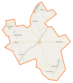 Mapa konturowa gminy Książki, po lewej nieco na dole znajduje się punkt z opisem „Zaskocz”
