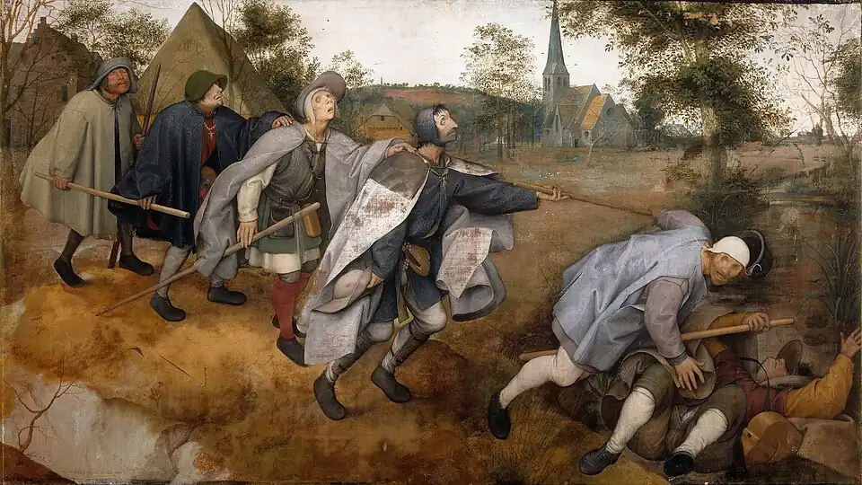 Ślepcy (Pieter Bruegel starszy)„Potykam się, więc ręce w przód, do góry twarz, w dół lecę!O, ciemny boże mego życia, miej mnie w swej opiece!Nie puścić kija! Paść na wznak! Plecami na kamienie!To tylko rów, przydrożny rów, już po przerażeniu...”– Przypowieść o ślepcach