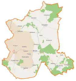Mapa konturowa gminy Brojce, blisko centrum na dole znajduje się punkt z opisem „Brojce”