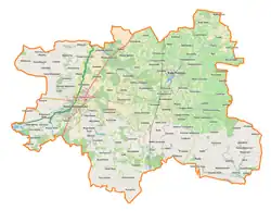 Mapa konturowa powiatu rawskiego, blisko centrum po prawej na dole znajduje się punkt z opisem „Nowe Lutobory”