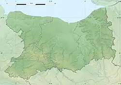 Mapa konturowa Calvados, na dole po lewej znajduje się punkt z opisem „źródło”, natomiast po lewej nieco na dole znajduje się punkt z opisem „ujście”