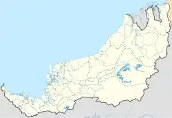 Mapa konturowa Sarawaku, u góry po prawej znajduje się punkt z opisem „Miri”
