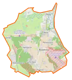 Mapa konturowa gminy Kosakowo, po prawej nieco u góry znajduje się punkt z opisem „Mechelinki”