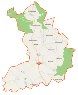 Mapa konturowa gminy Dąbrowa, u góry znajduje się punkt z opisem „Szczepanowo”