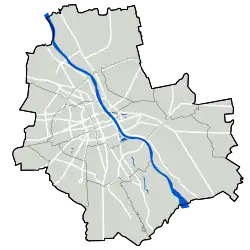 Mapa konturowa Warszawy, blisko centrum po lewej na dole znajduje się punkt z opisem „Zakłady Maszyn i Urządzeń Technologicznych "UNITRA-UNIMA" S.A.”