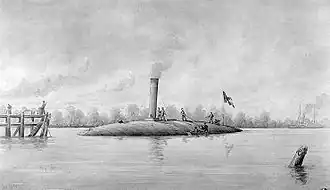 Броненосный таран «Манассас»; иллюстрация 1904 года, изображающая корабль с одной трубой (что, вероятно, неверно)