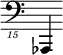 { \new Staff \with { \remove "Time_signature_engraver"} {\clef "bass_15" as,,,,4}}