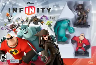Коробка и фигурки персонажей Disney Infinity, идущие в стартовом наборе игры; Капитан Джек Воробей, Мистер Исключительный, и Джеймс Пи «Салли» Салливан