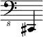 { \new Staff \with { \remove "Time_signature_engraver"} {\clef "bass_8" cis,,4}}