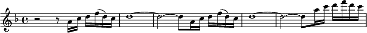 
 \relative a' {
   \key f \major
   \time 4/4

r2 r8 a16 c16 d16 f16 (d16) c16 d1~ d2~ d8
a16 c16 d16 f16 (d16) c16 d1~ d2~ d8 
a' 16 c16 d16 f16 d16 c16    
}
